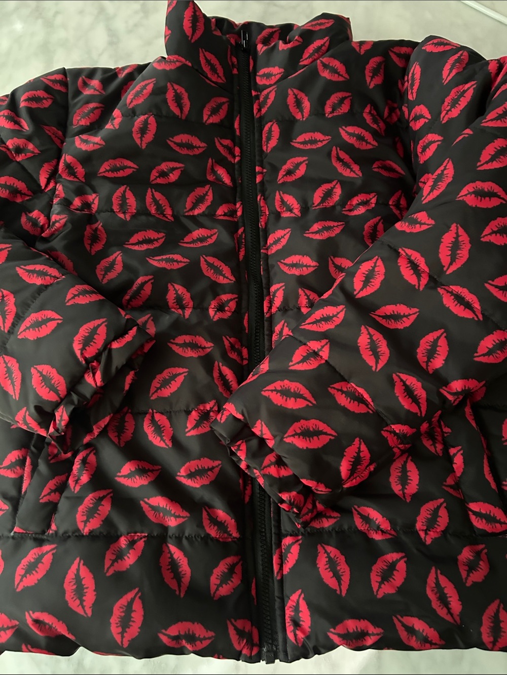 Super Cute Heartbreak Ski Jacket Puffer with Red Lipstick Print